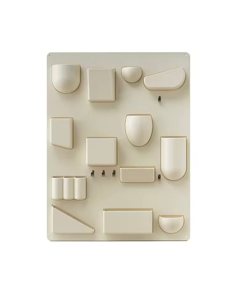 Beige wall art with geometric shapes on a white background