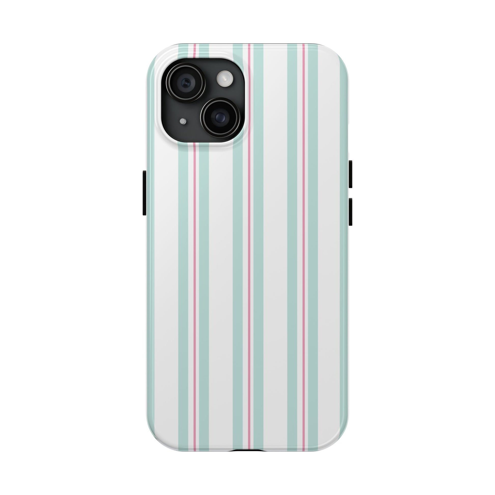 Close‑up of our green‑pink vertical stripes showing the glossy surface and durable plastic shell—cute and protective.