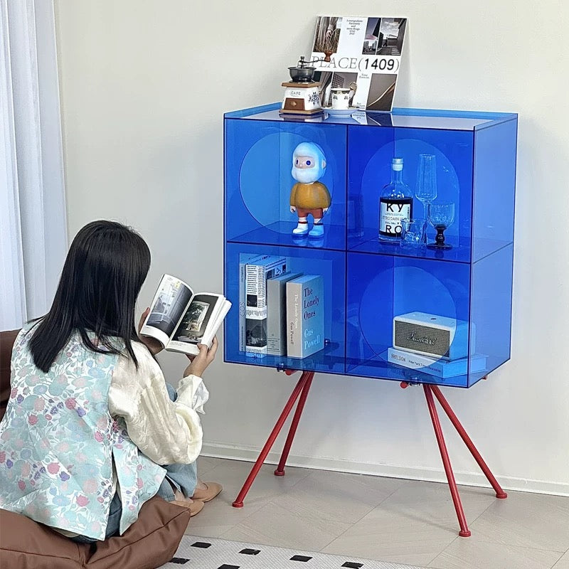 Acrylic display cabinet showcasing figurines in modern living room with minimalist transparent storage design