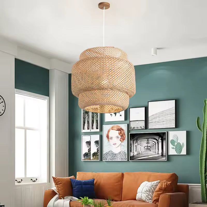 Handwoven bamboo wicker pendant light for dining spaces.