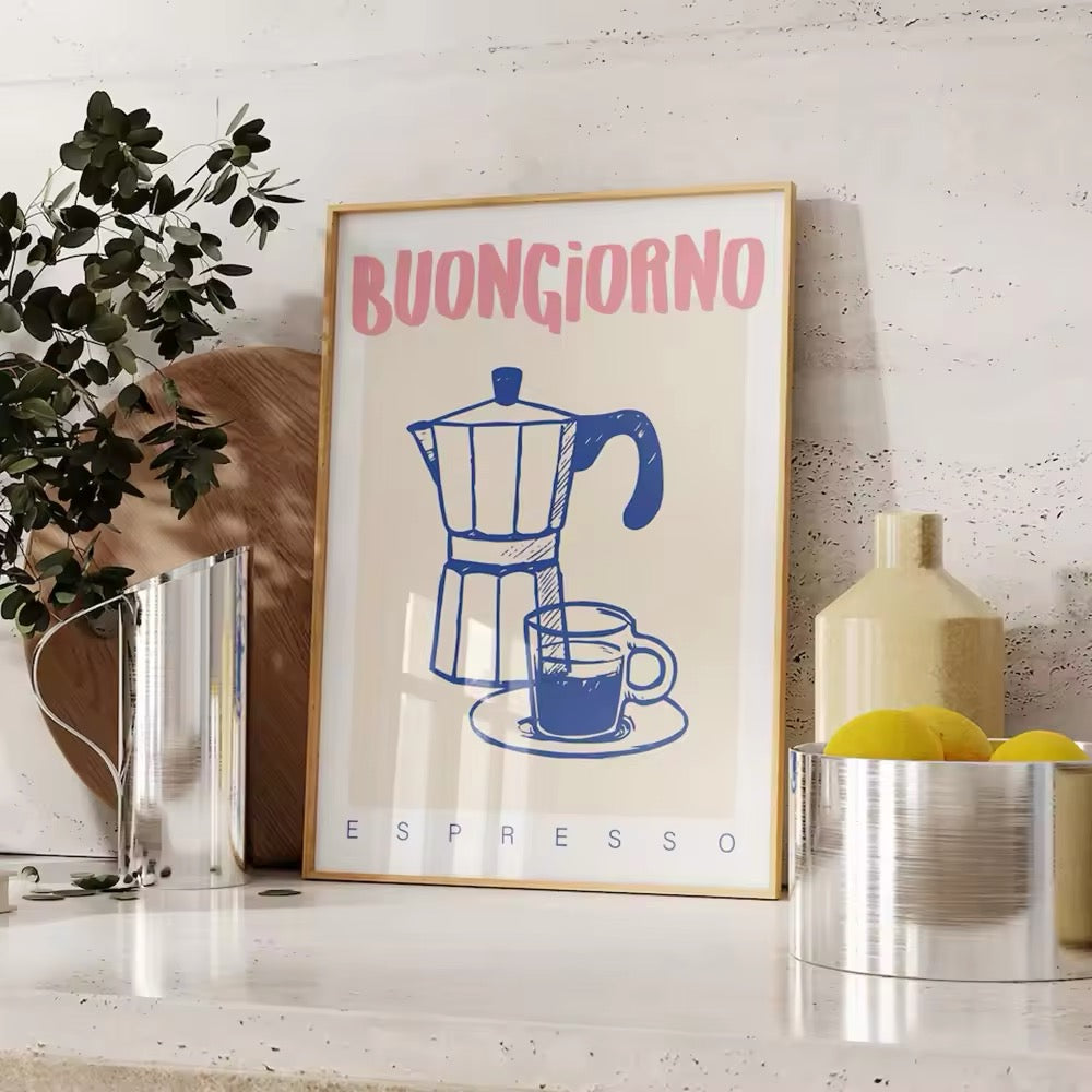 Modern coffee poster featuring vintage espresso artwork