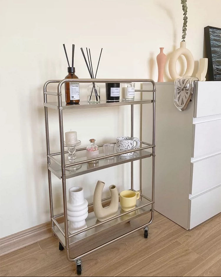 Stainless steel bar cart with wheels placed in living area with plants and decor.