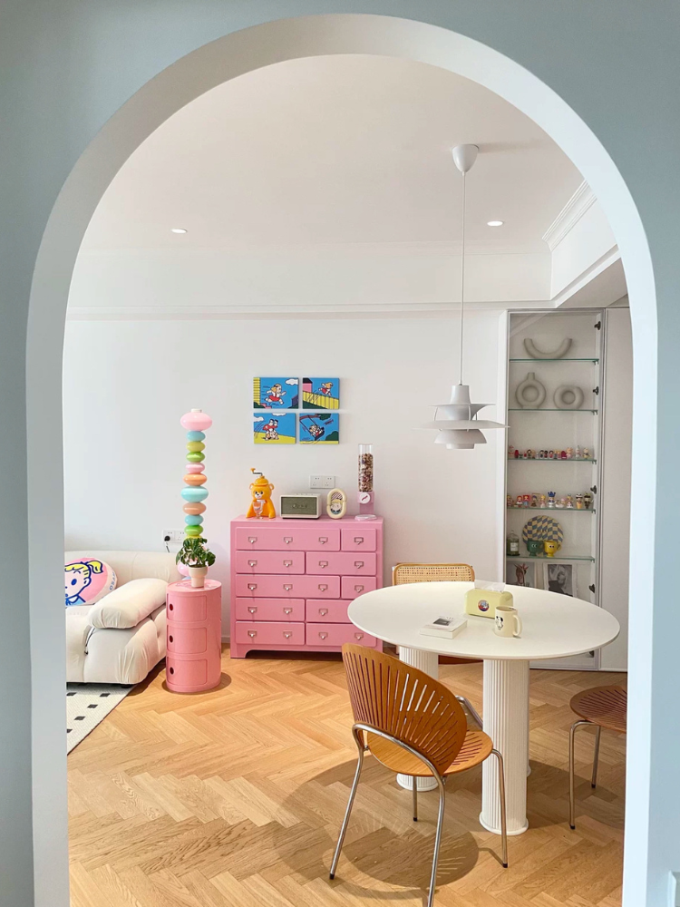 Nordic pink bedside cabinet with 4 drawers and oval design