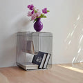 Minimalist metal end table styled with a marble lamp in Scandinavian living room