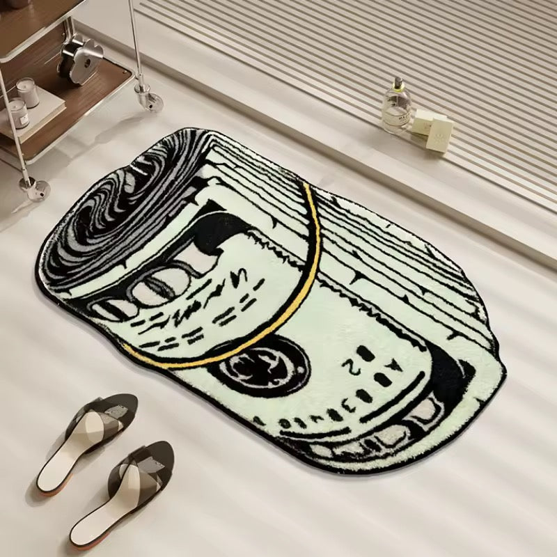 Rolled cash-shaped novelty rug in cartoon style for bedroom decor