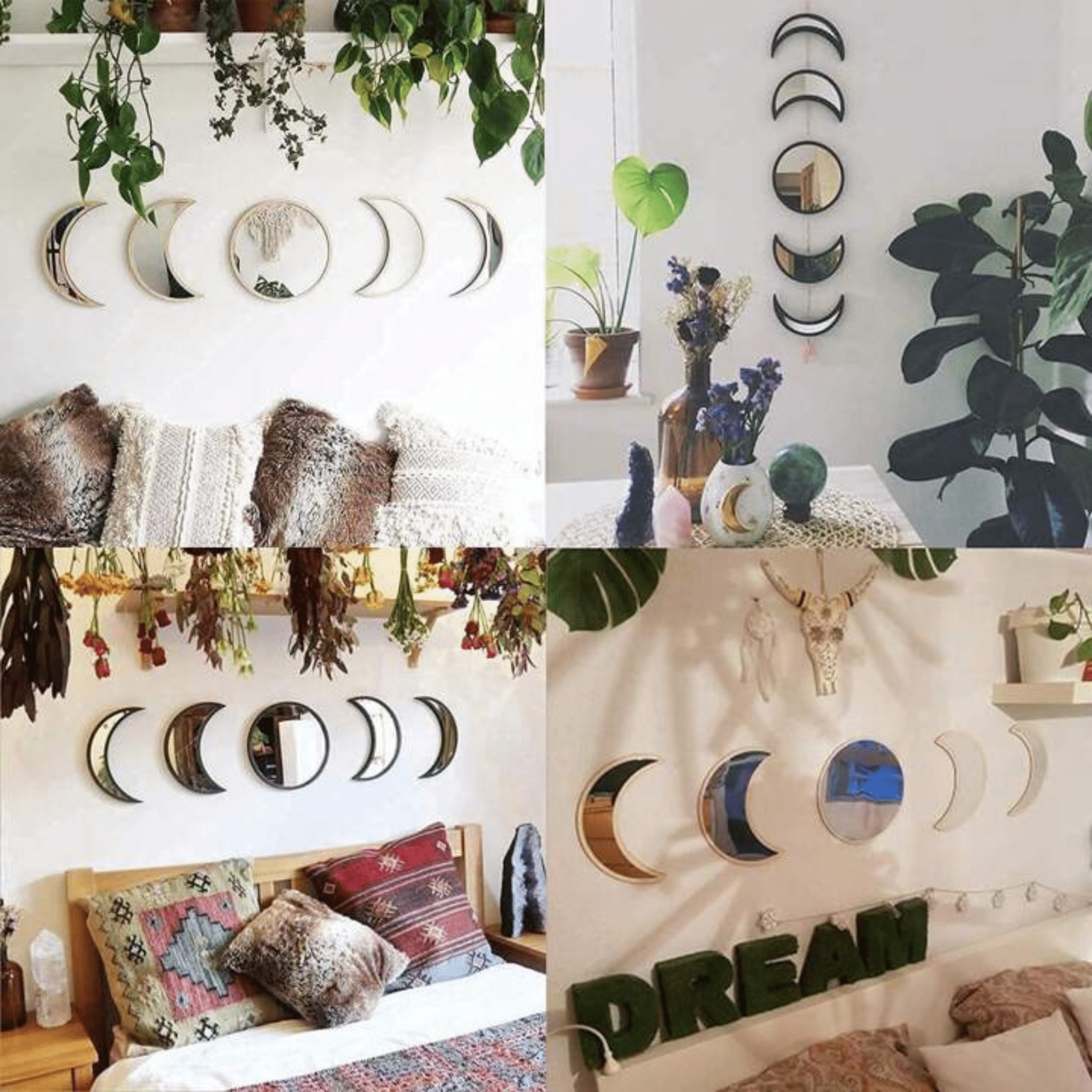Witchcore moon mirror wall art with crescent & full moon shapes. No tools required — self-adhesive!