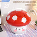 Cute mushroom-shaped trash can on a desk with text 'Desktop Shake Cover Trash Can' and 'Cute'.