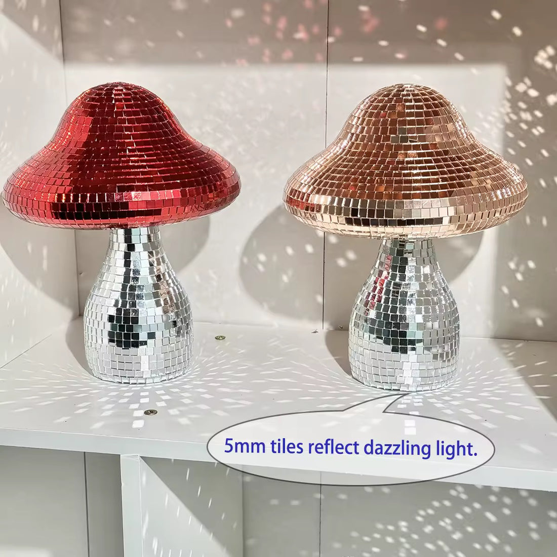 Handmade disco mushroom ornament on pastel shelf glowing with light