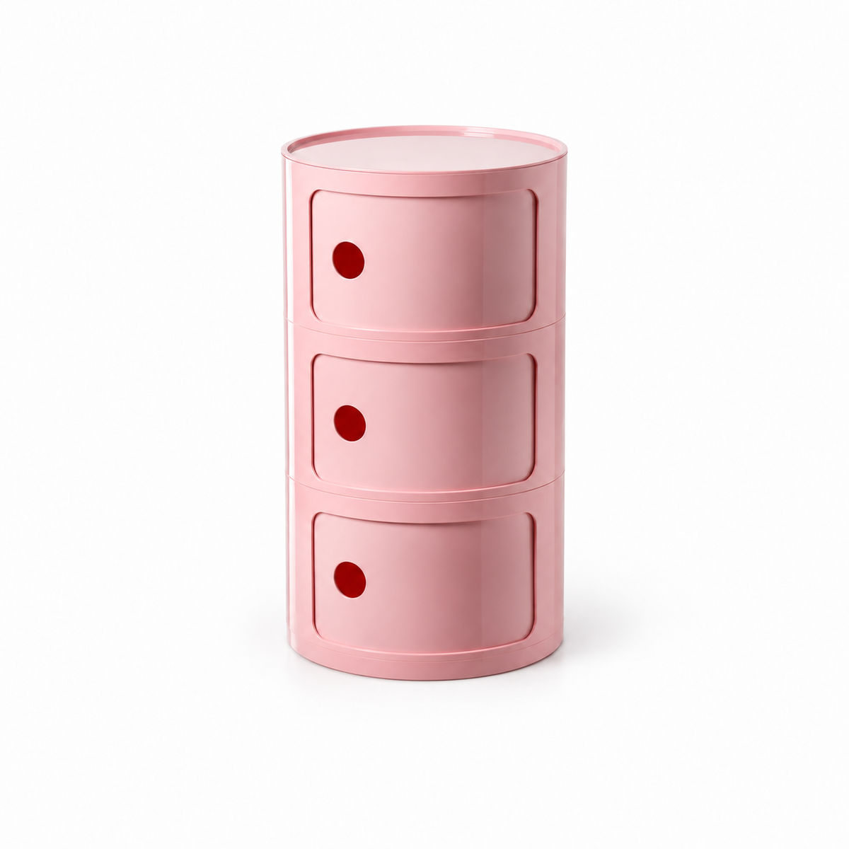 A pink cylindrical three-drawer storage unit with rounded rectangular drawer fronts and small red circular accents on each drawer, shown on a clean white background.