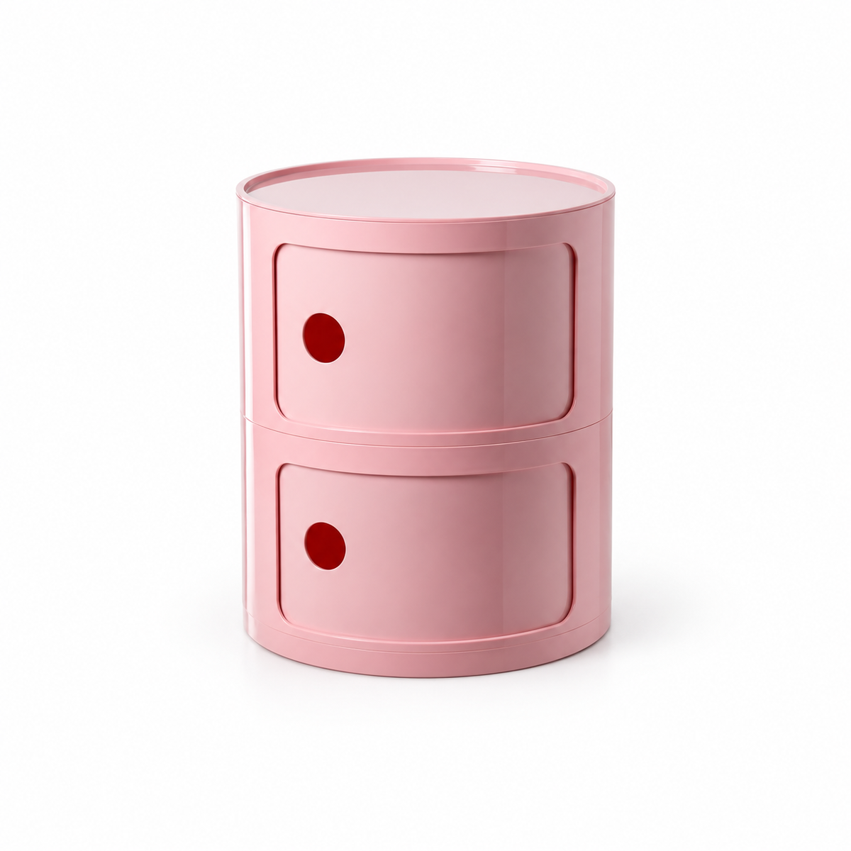 A small two-tier pink metal side table with circular drawer fronts and red circular accents, shown on a clean white background.
