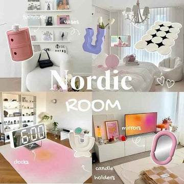 Collage of a Nordic-style room with furniture, decor items, and text labels.