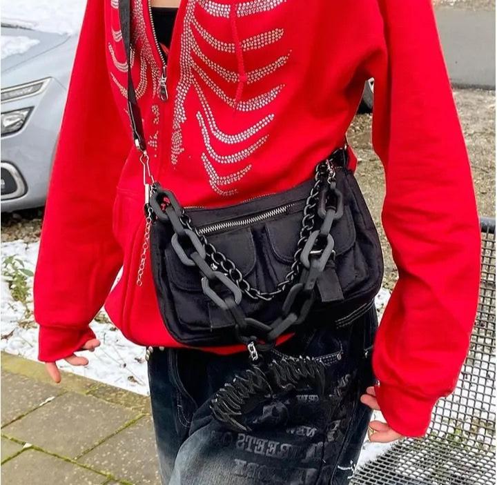 Oversized rhinestone hoodie Y2K skeleton black