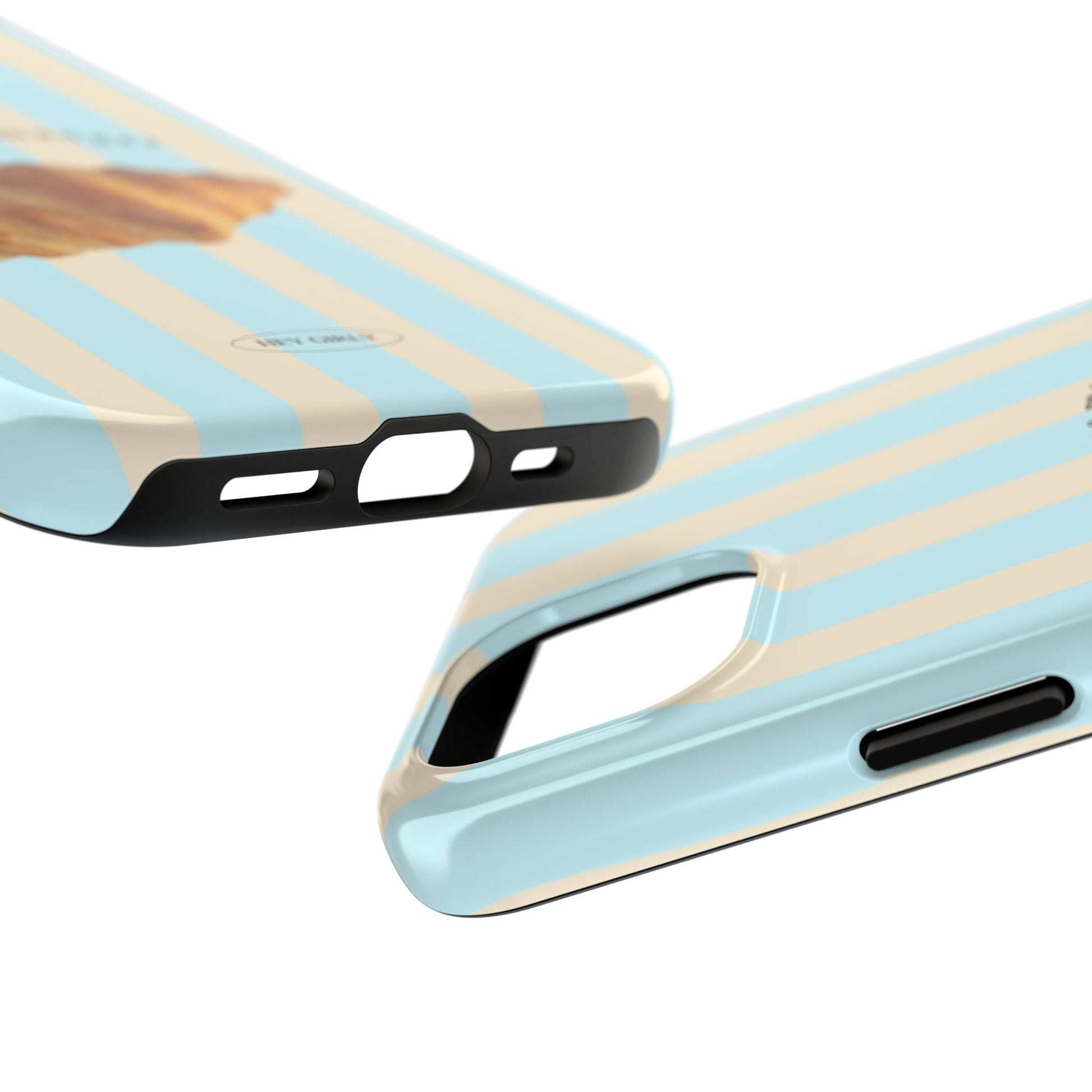 Parisian café aesthetic phone case with buttery croissant on blue stripes