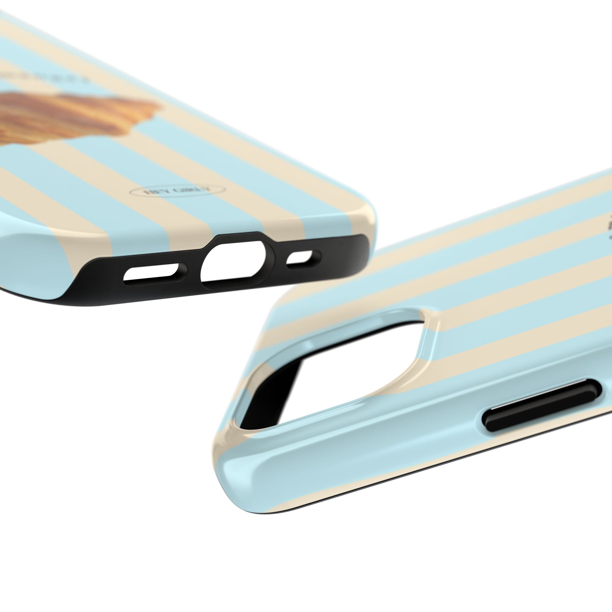 Parisian café aesthetic phone case with buttery croissant on blue stripes