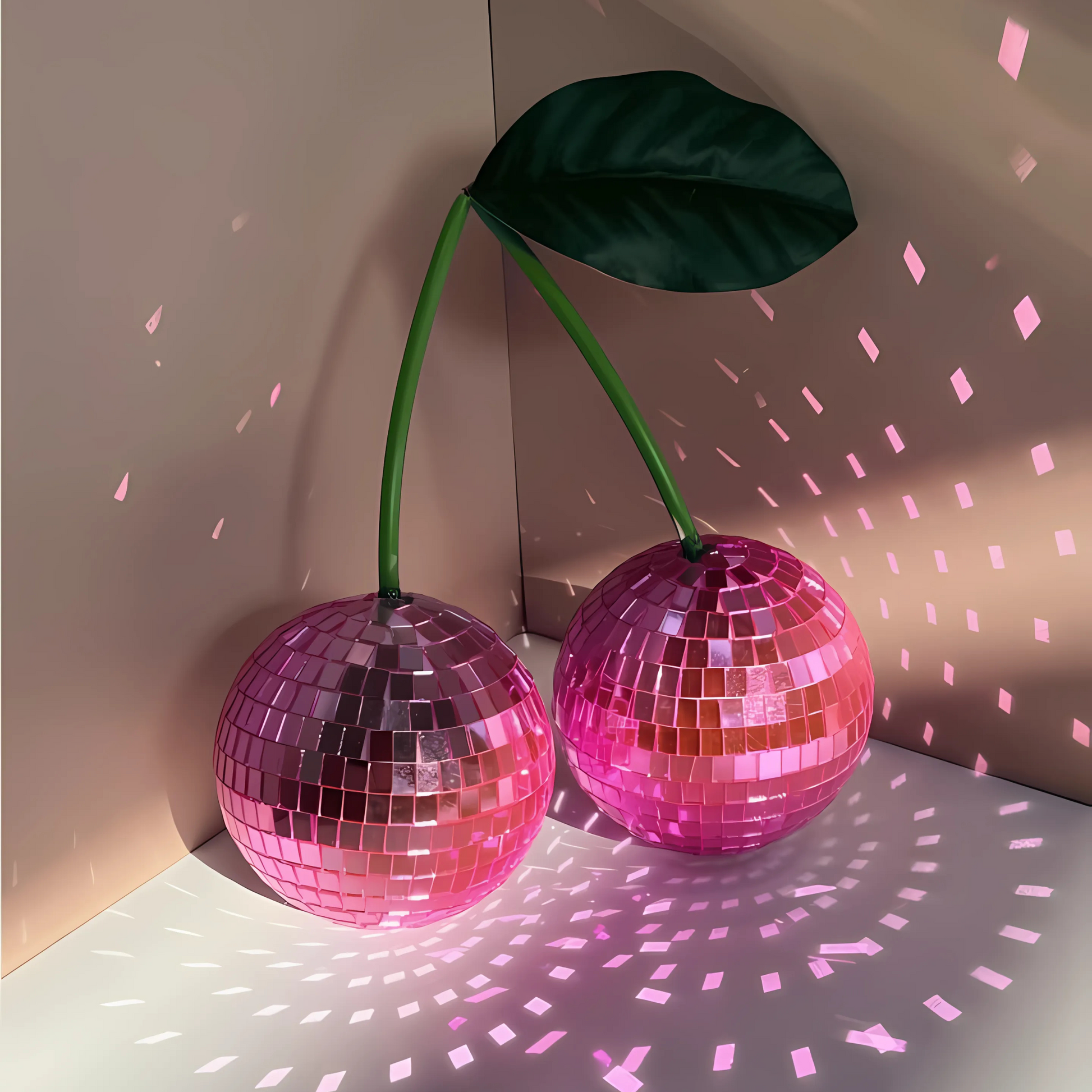 Aesthetic shelf featuring red cherry disco prop
