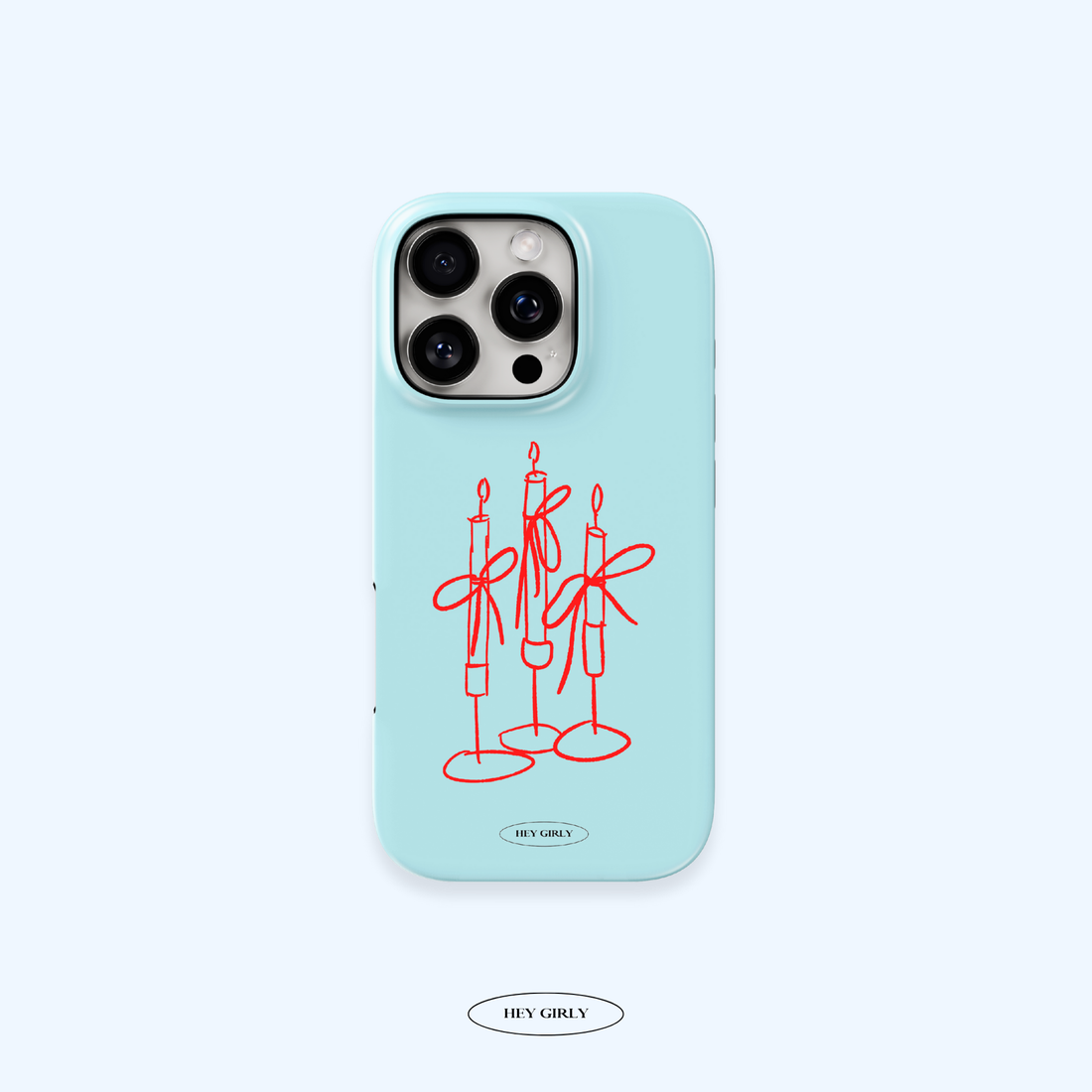 Phone case with red candle design on a light blue background