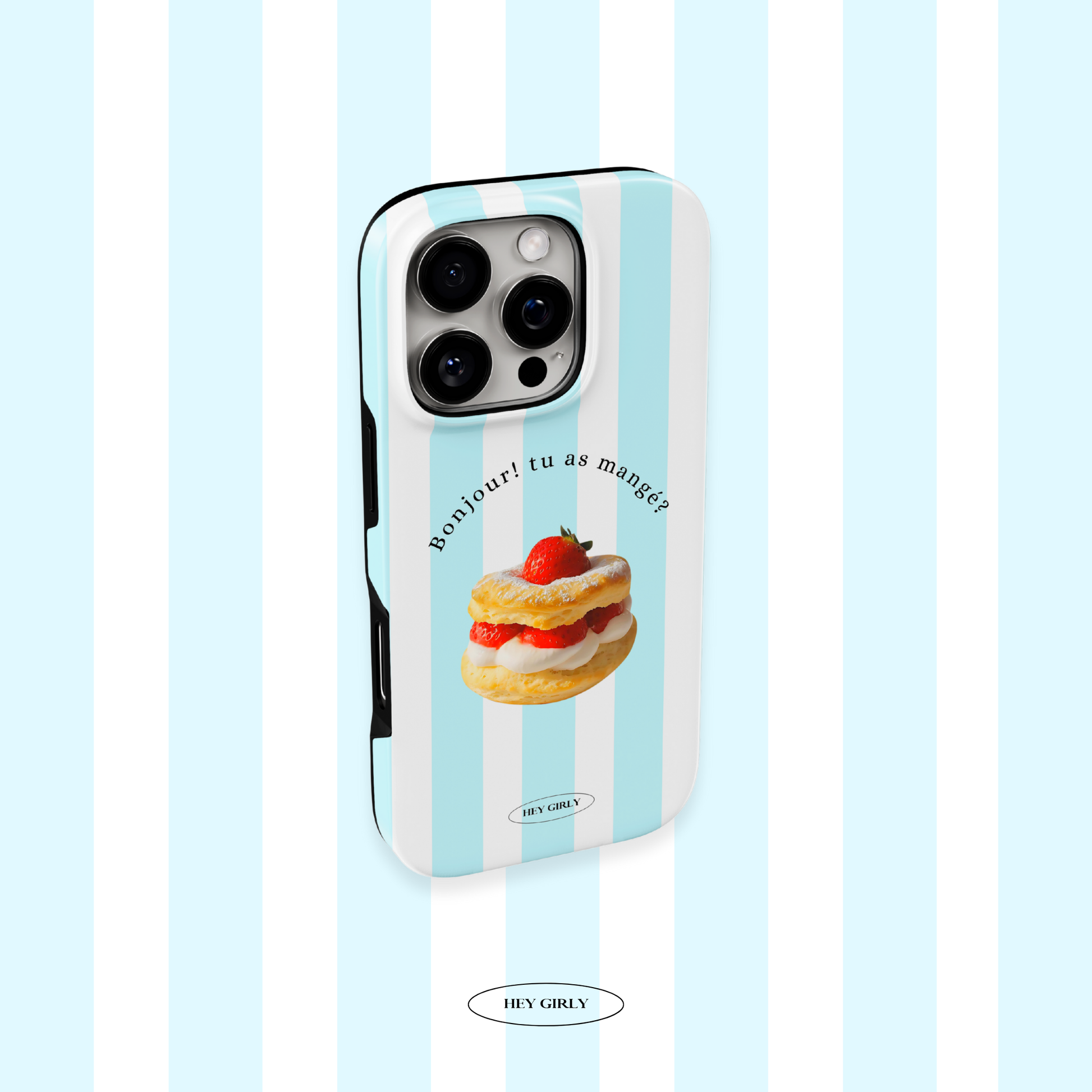 Blue striped glossy iPhone 14 Pro Max case for girls.