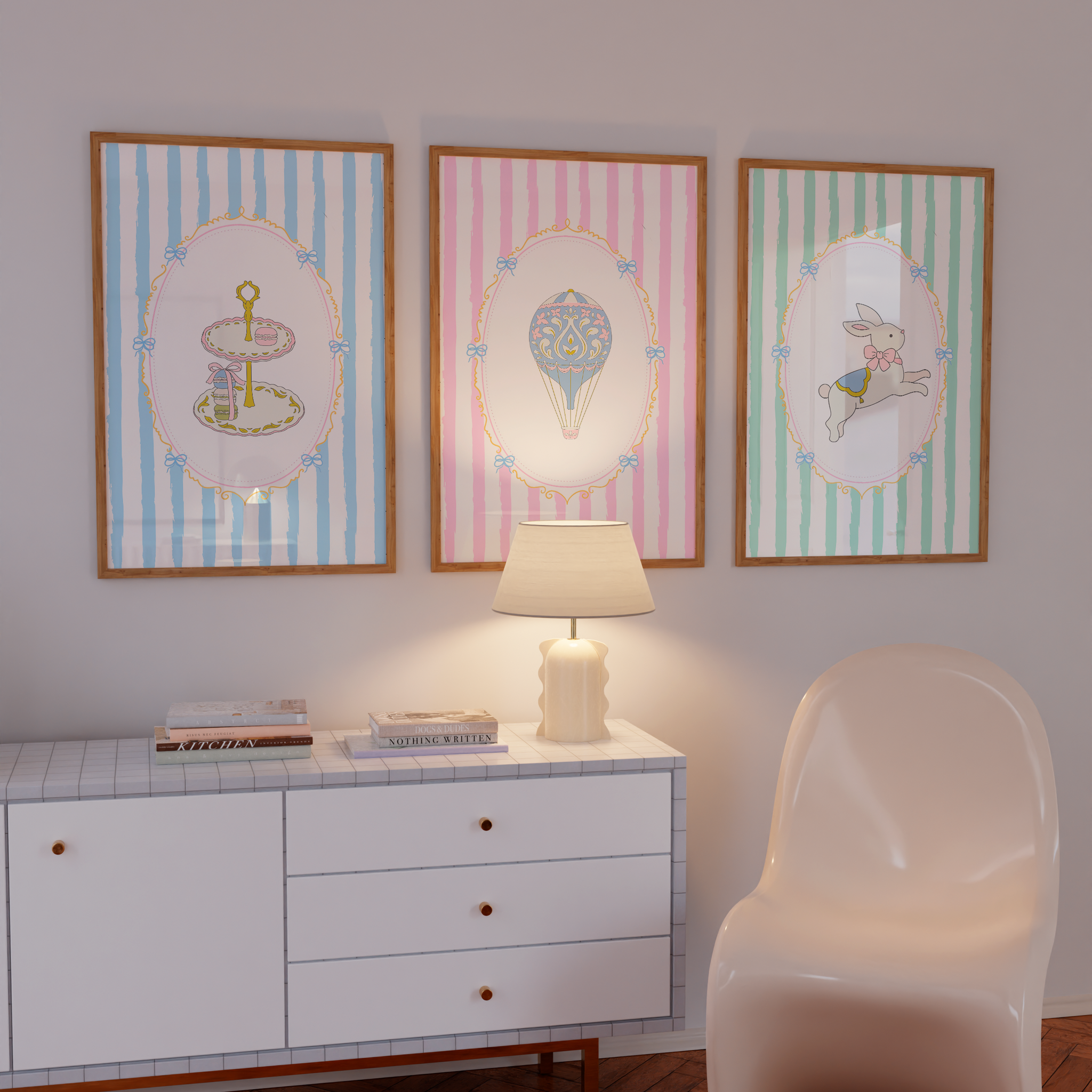 Pastel bunny and hot air balloon poster set in candy stripes