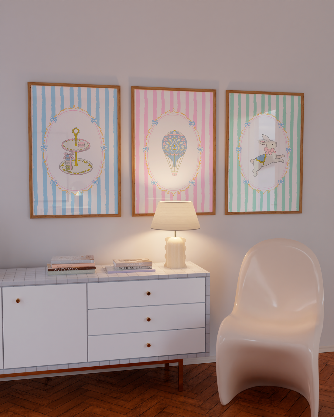 Pastel bunny and hot air balloon poster set in candy stripes