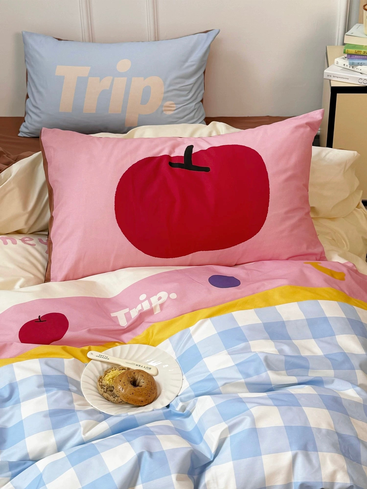 Soft girl aesthetic bedroom with dopamine bedding set in pastel blue and pink tones.