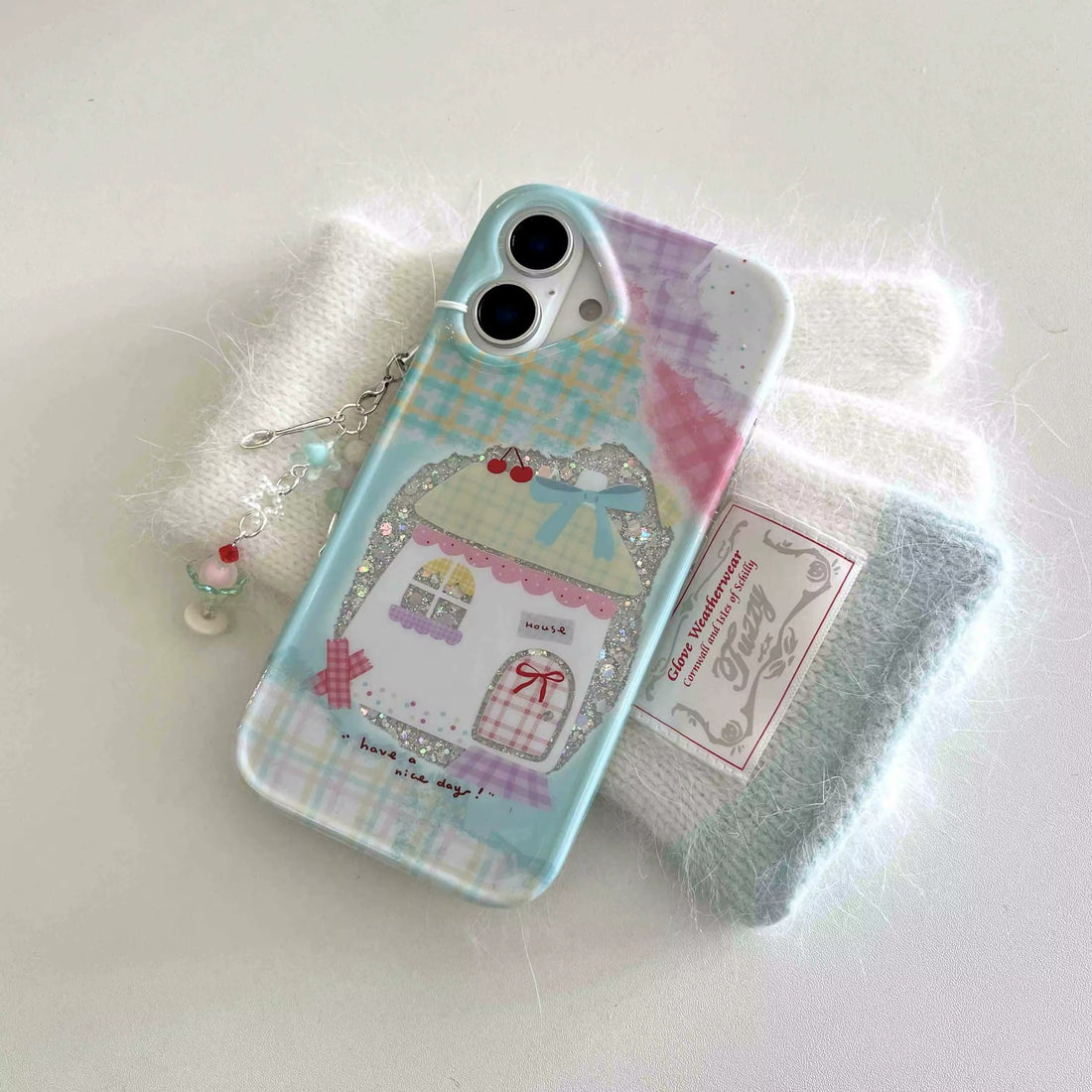 Front view of the Cartoon House Kawaii iPhone Case showcasing the pastel grid design and cartoon house motif