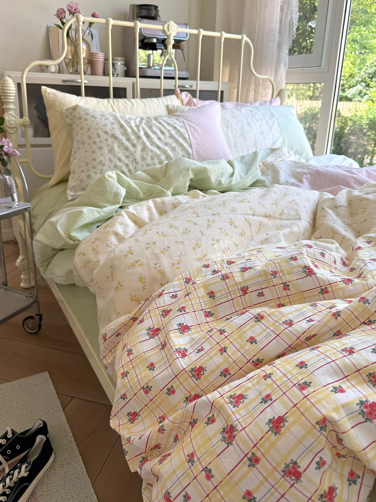 Pastel patchwork duvet cover with spring floral and gingham panels