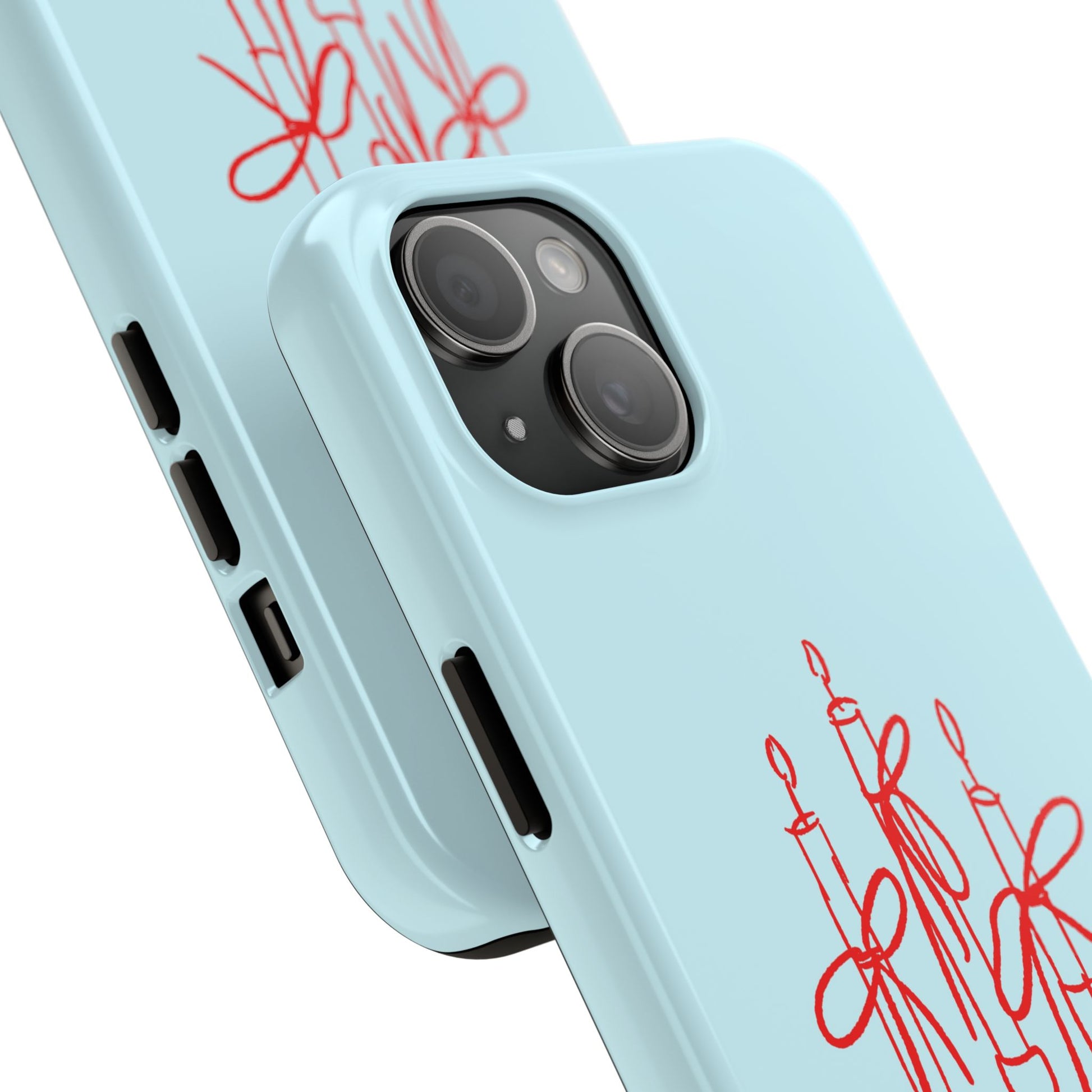 Light blue phone case with red text design on a white background