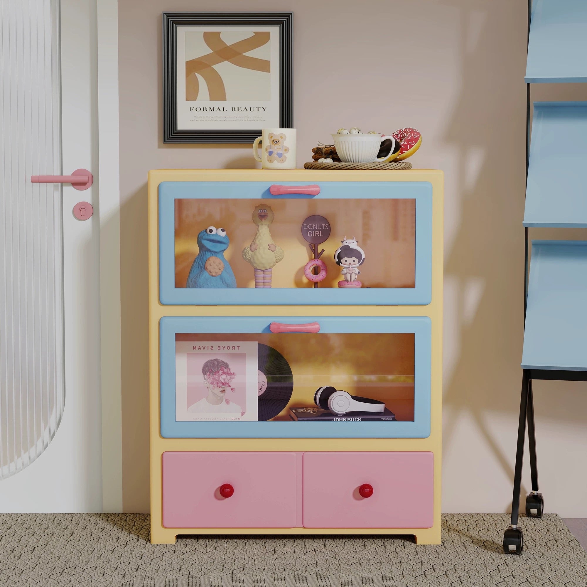 Pastel pink dopamine display cabinet styled as sideboard storage in playful aesthetic room interior space