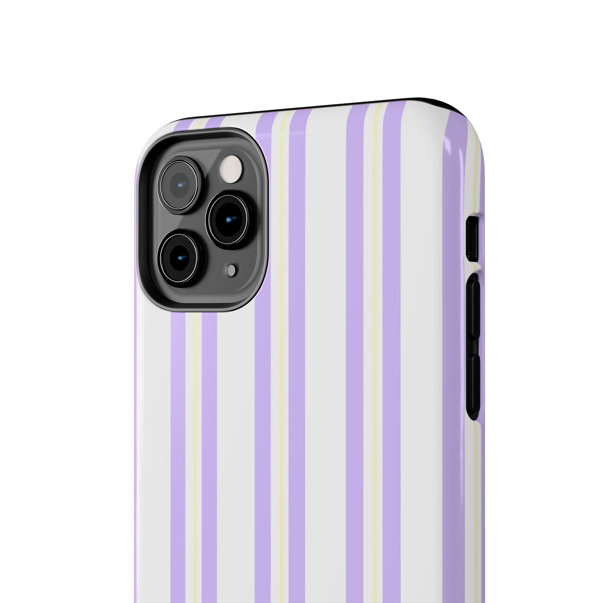 Phone case with purple and white striped design on a white background
