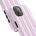 Phone case with pink and white striped design on a white background
