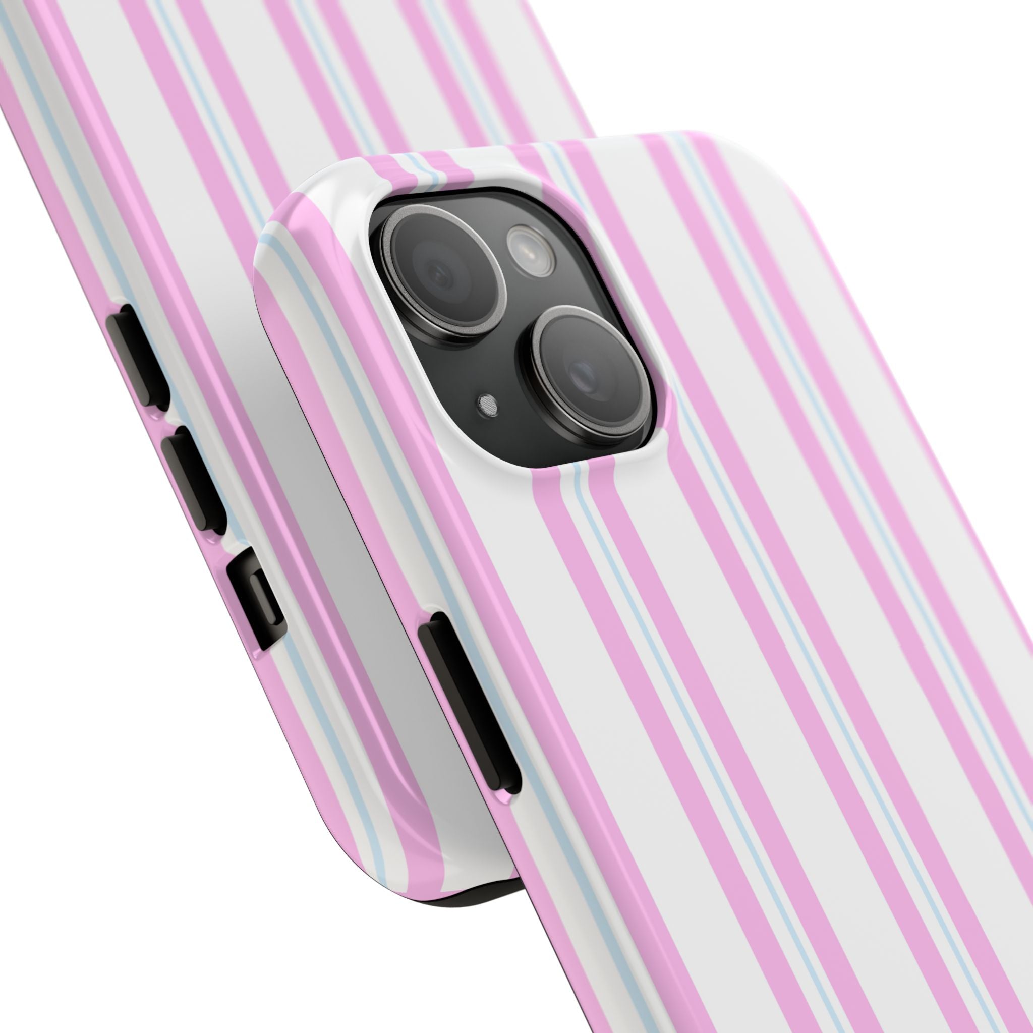 Phone case with pink and white striped design on a white background