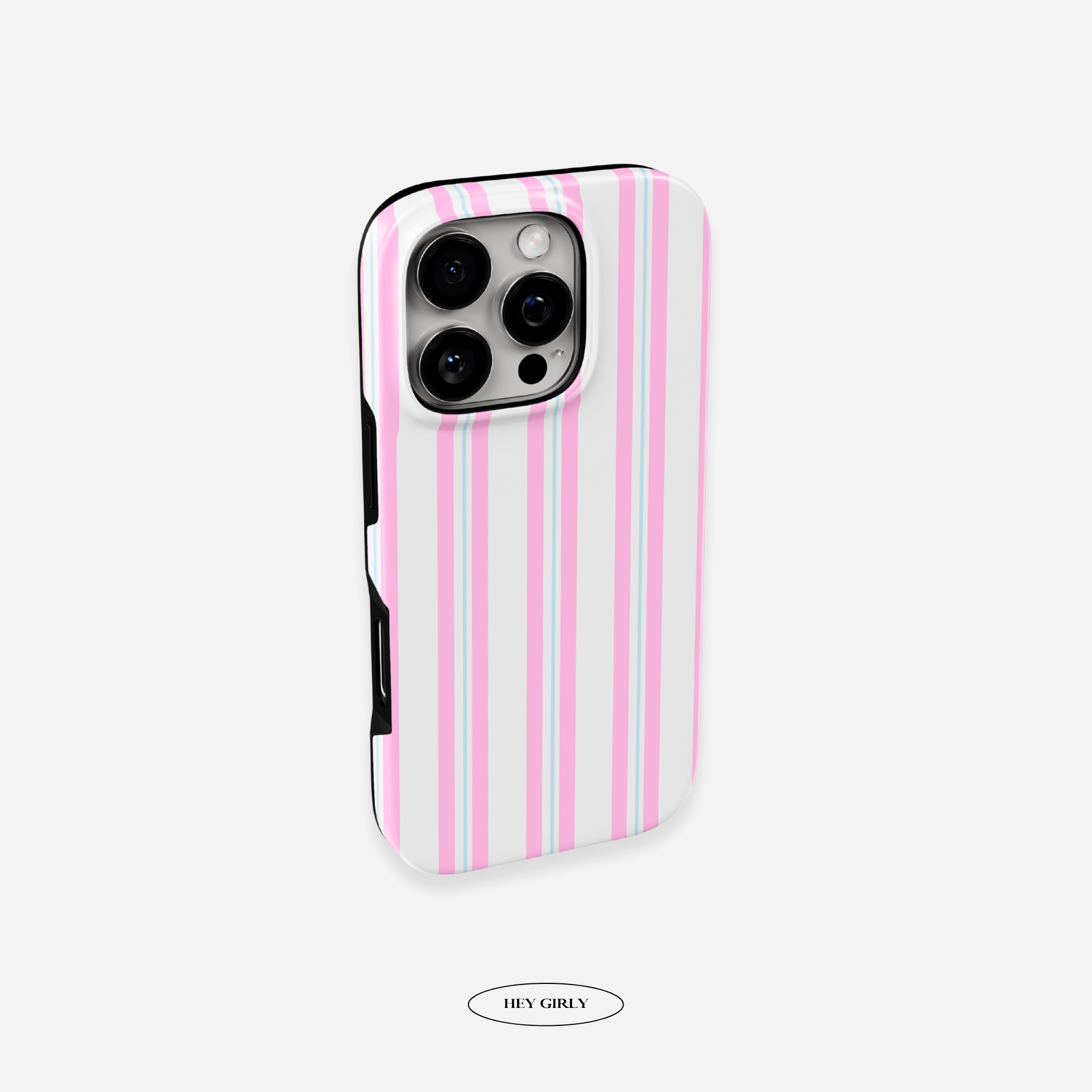 Phone case with pink and white vertical stripes on a light gray background