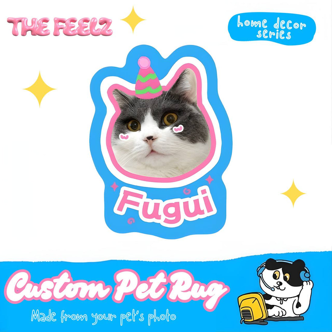 Custom pet rug with a cat's face design and 'The Feelz' branding.
