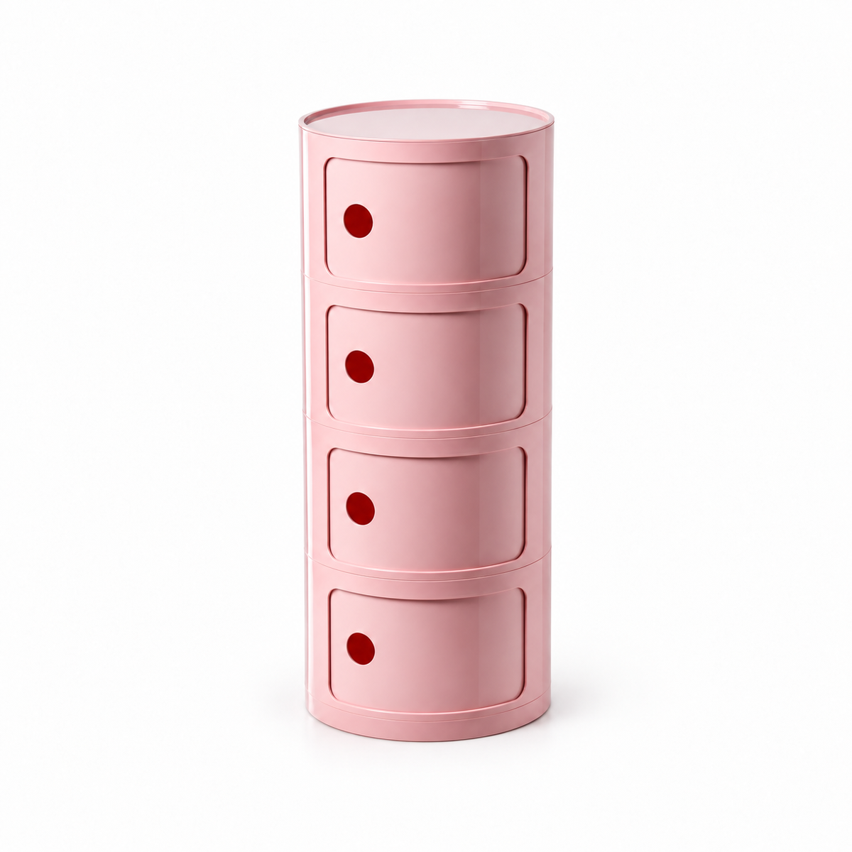 A pink cylindrical storage cabinet with four stacked drawers, each featuring a small circular cutout handle, set against a plain white background.