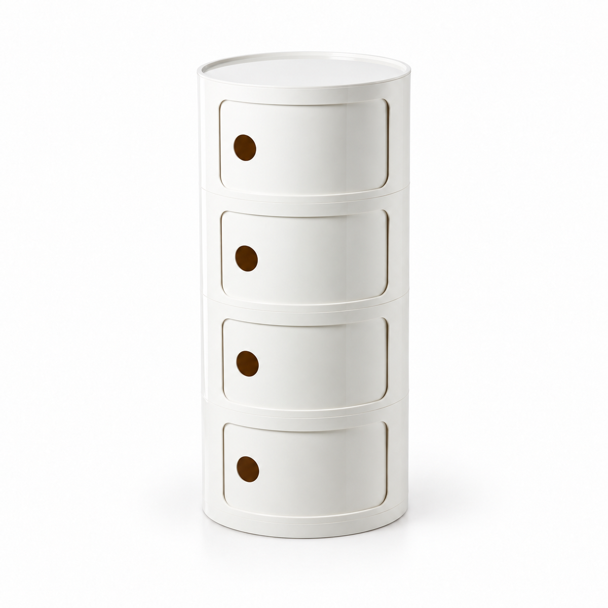 A white cylindrical 4-drawer storage cabinet with minimalist curved drawer fronts and small circular brown knobs, shown on a clean white background.
