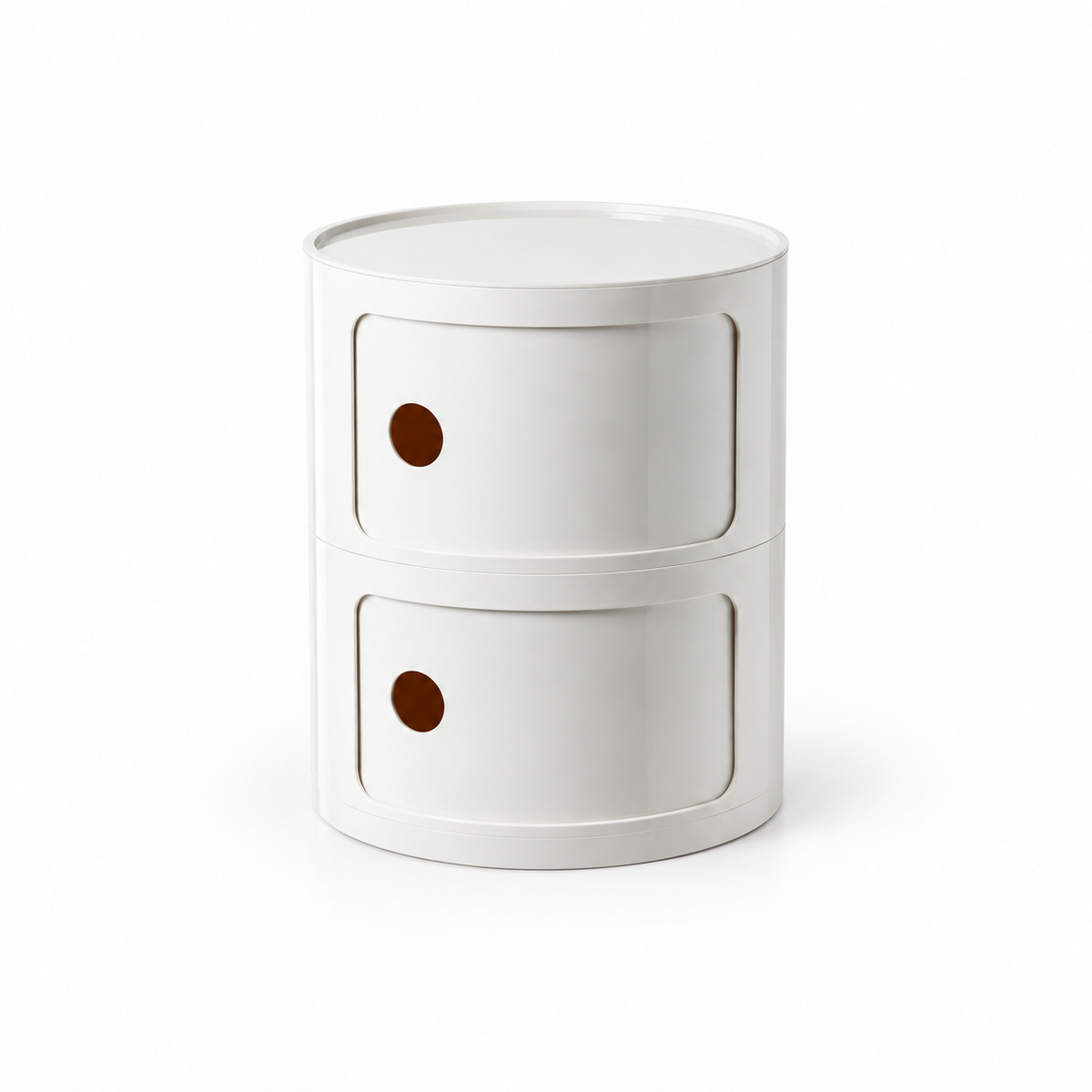 A modern two-drawer cylindrical side table or organizer in off-white with small circular brown pulls, shown on a clean white background.