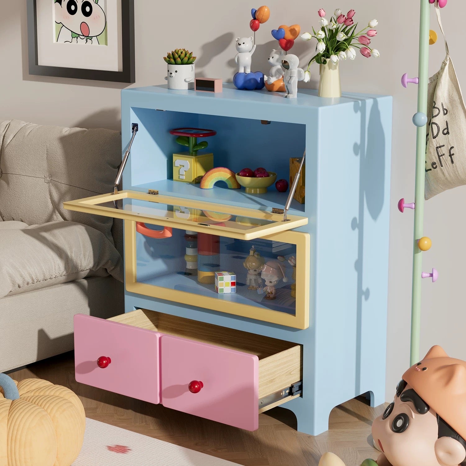 Dopamine inspired pink cabinet combining cute storage with collectible display for modern rooms interior decor