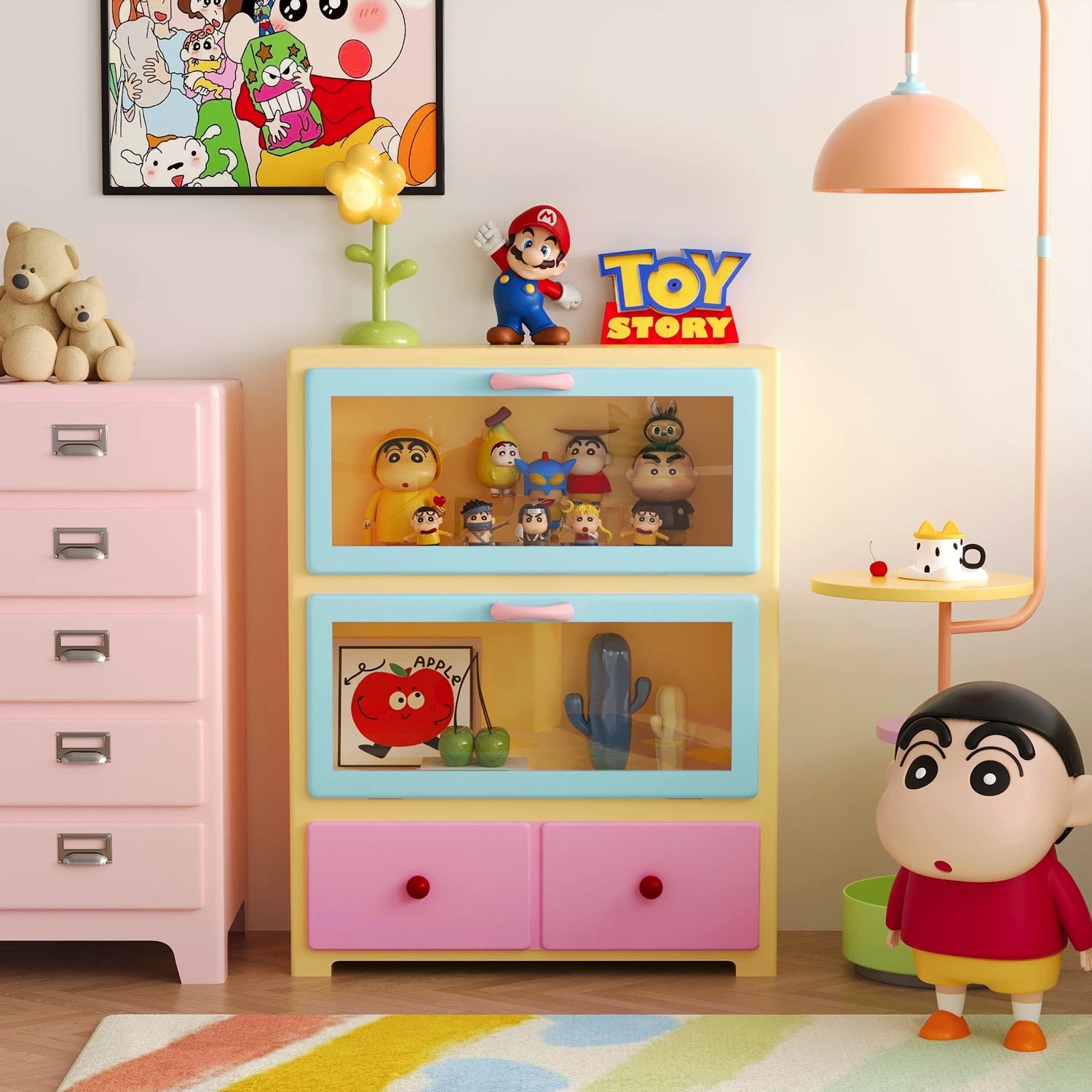 Pink dopamine display cabinet styled with figurines creating playful pastel aesthetic storage corner interior space