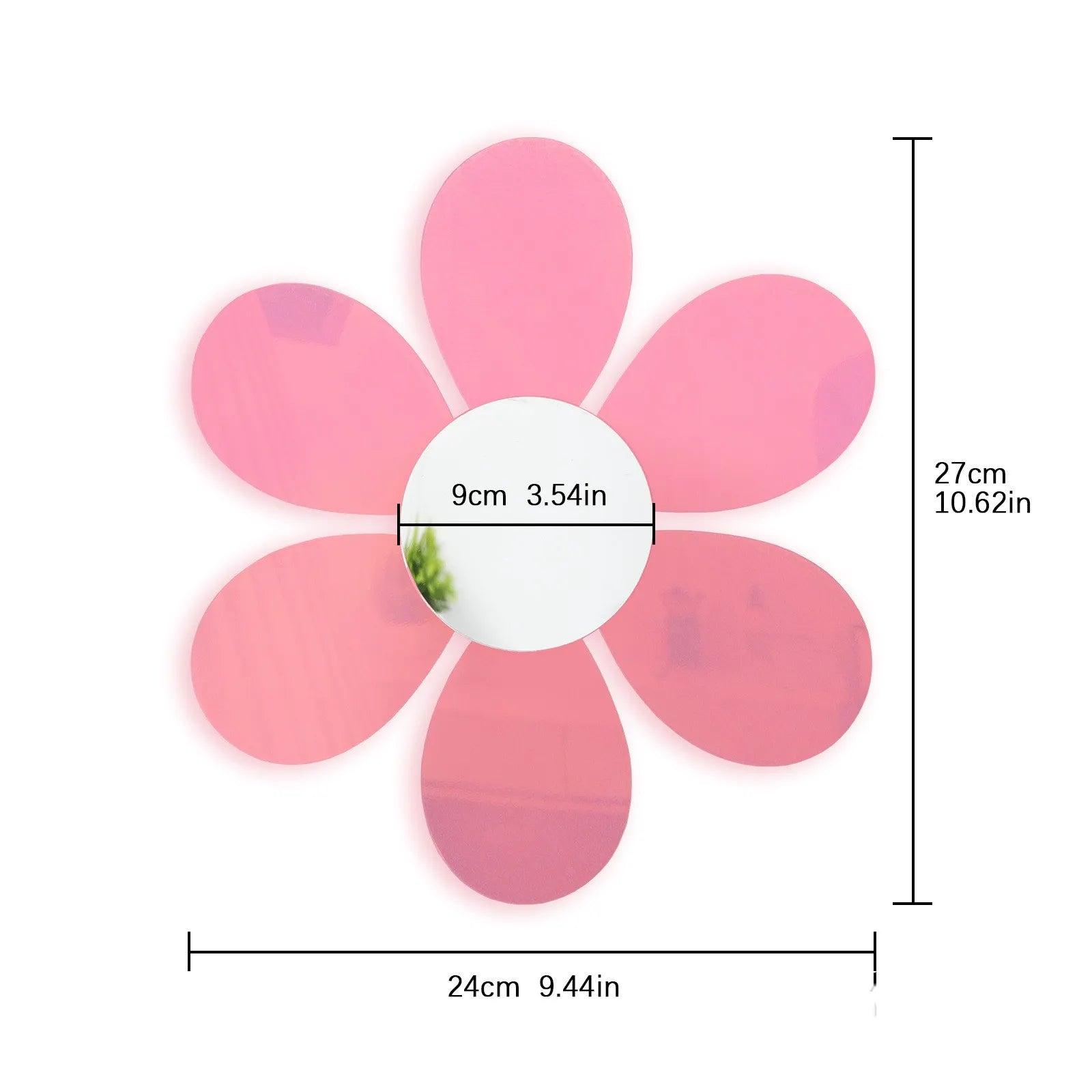 A pink flower-shaped wall mirror with a white center, shown with dimension lines and measurements indicating a height of 27cm (10.62in), width of 24cm (9.