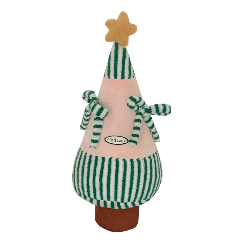 Pink and green Christmas tree shaped pillow with striped plush bows