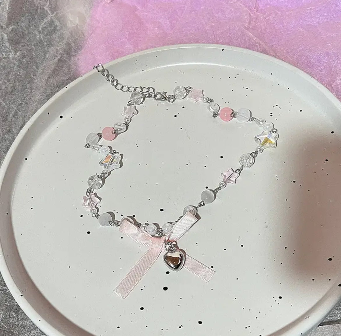 Pink heart and pearl cottagecore necklace with bow