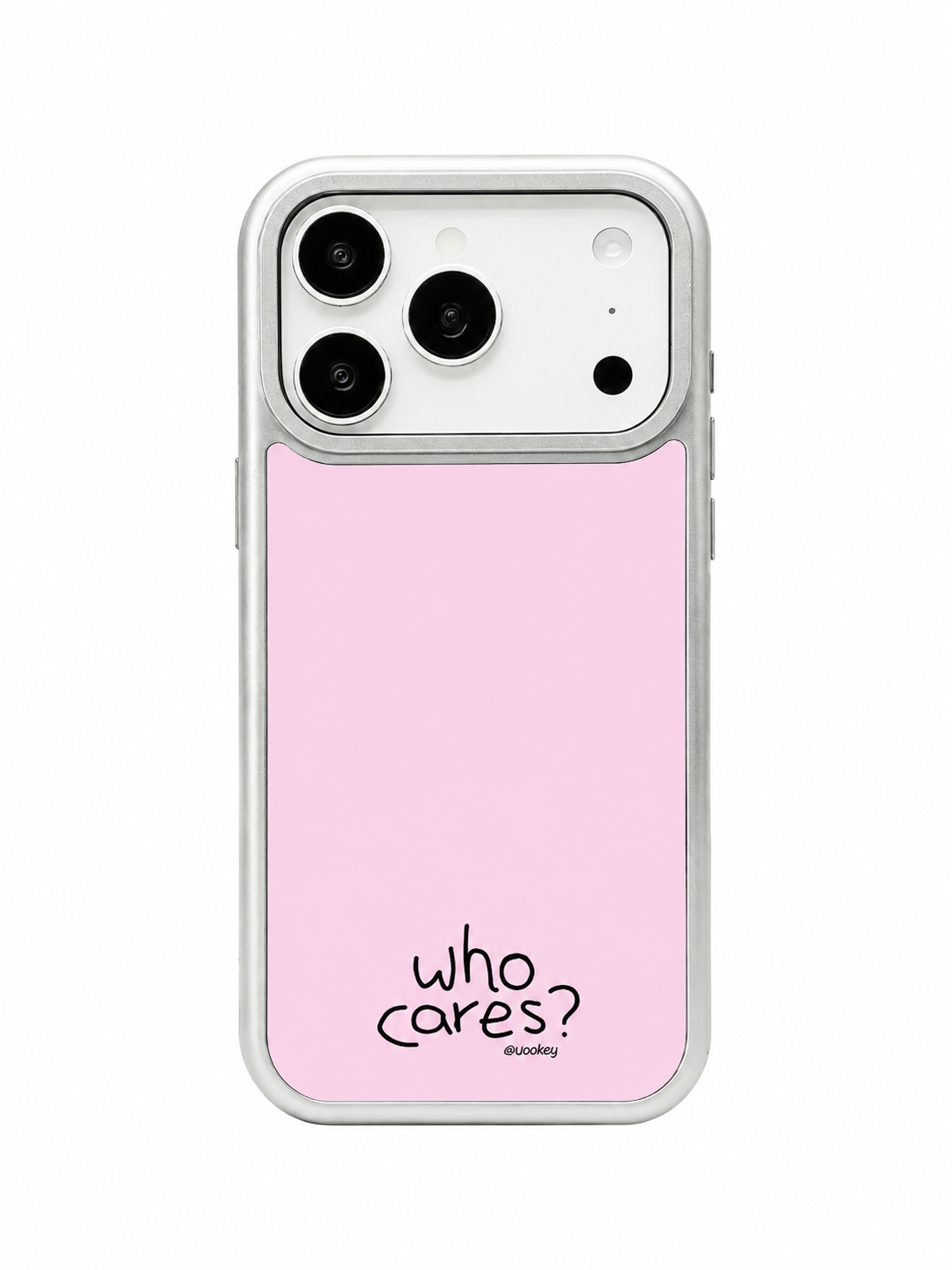 Pink iPhone case shown from the back, with its pale panel, black lettering and silver colored edges.