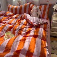 Pink Orange Striped Duvet Cover Set