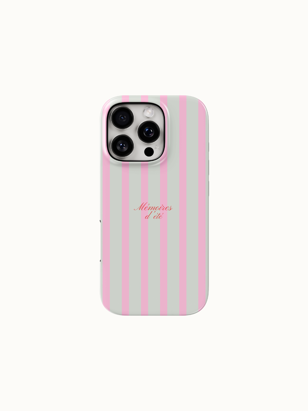 Pink striped phone case with Memoires d'Ete summer memories script, back view on an iPhone, The Feelz