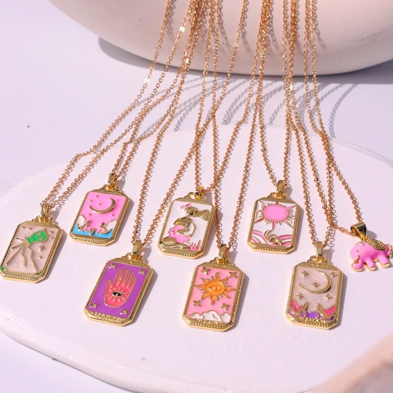Pink Tarot Card Necklace – Vintage Geometric Tarot Pendant
