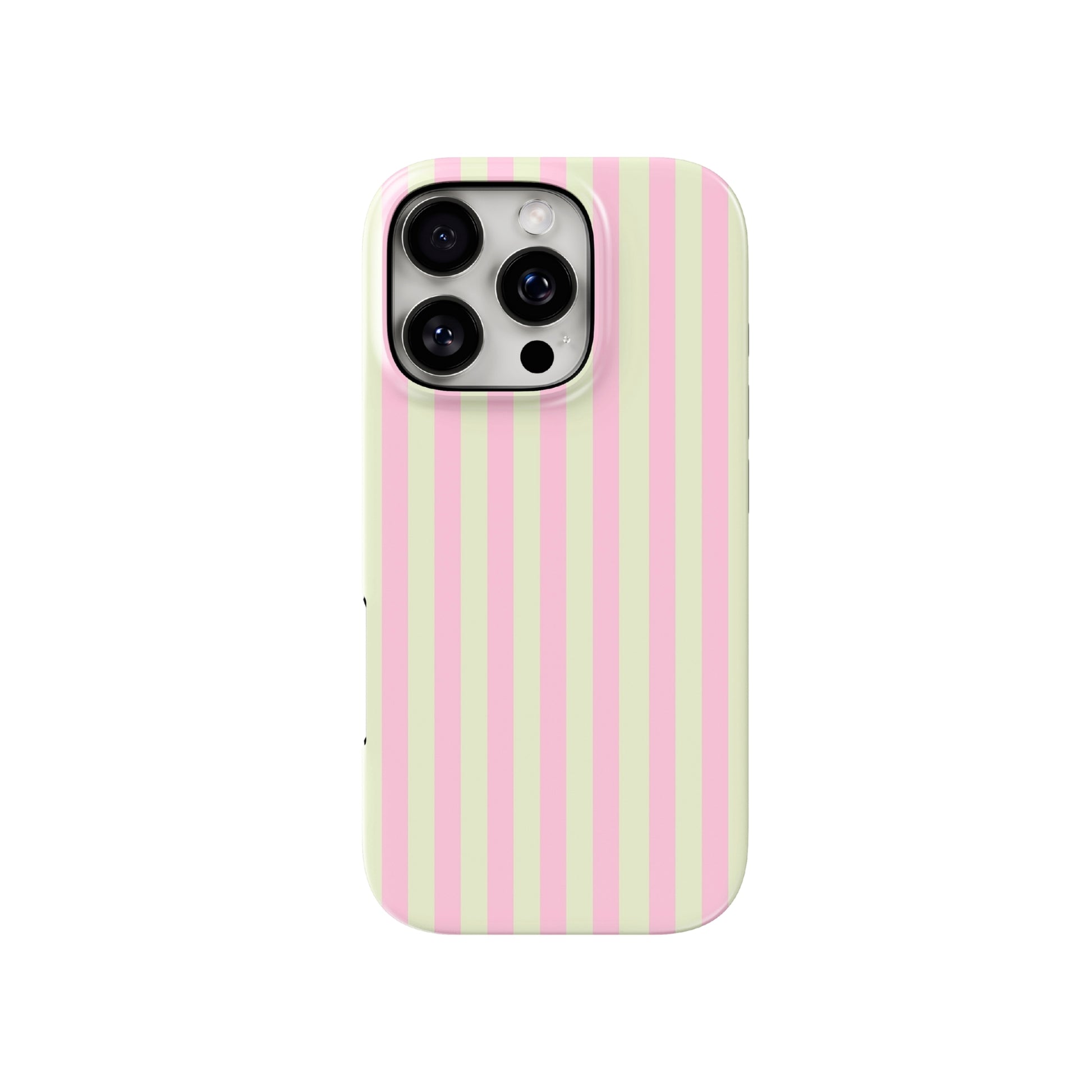 Phone case with pink and green vertical stripes on a white background