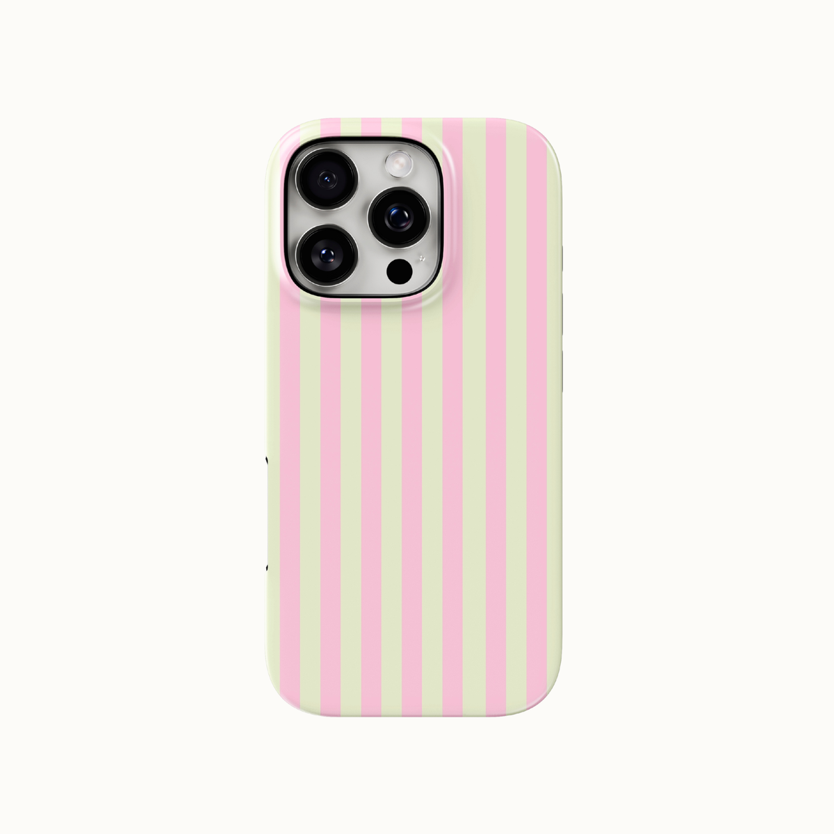 A protective phone case with vertical pink and pale green stripes, shown on a light off-white background.