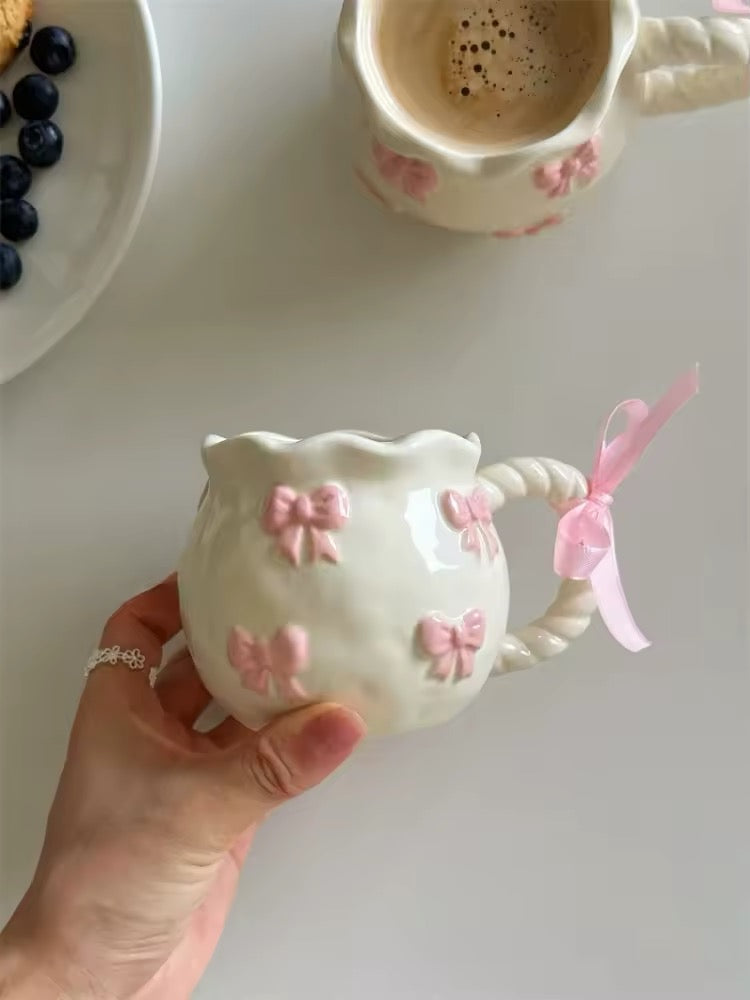 Mug held in soft aesthetic workspace