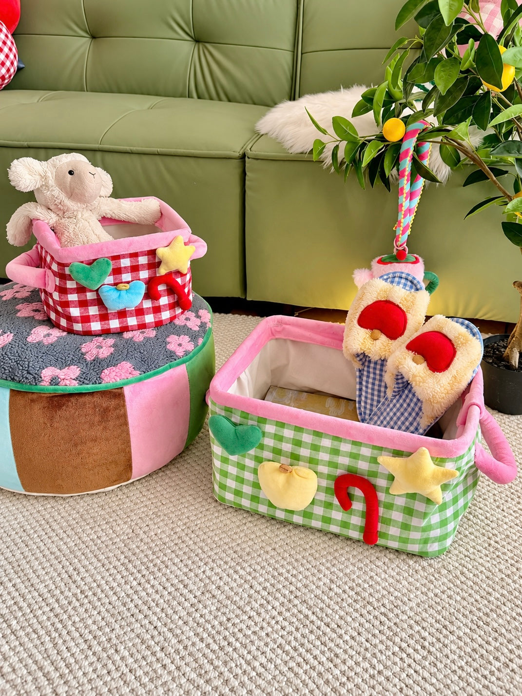 Plaid fabric storage baskets in blue, green, and red shown together