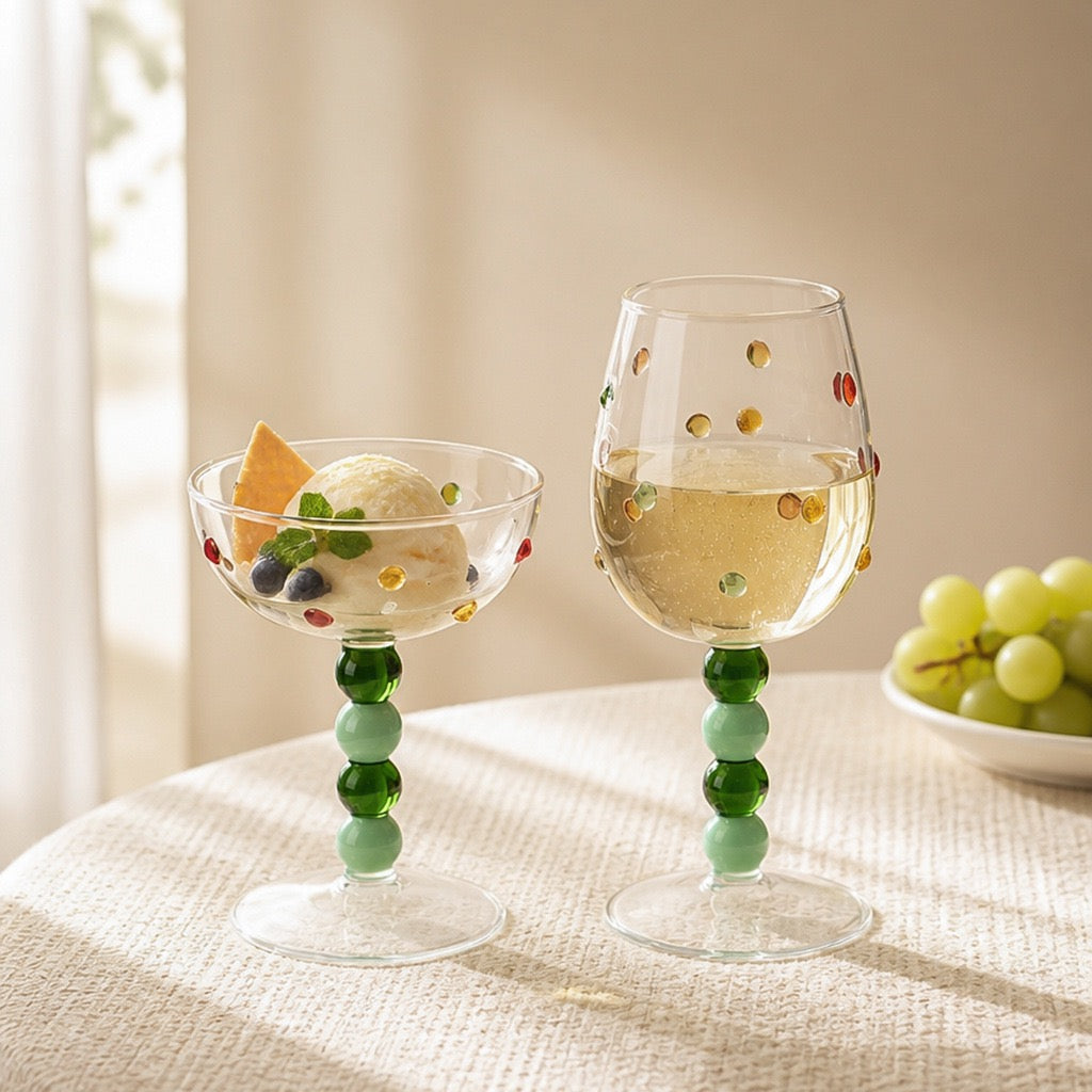 Polka dot ball stem wine glasses in green with dessert cup and goblet shapes